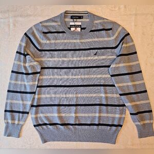 Size Medium Nautica Men's Gray and Blue Striped Cotton Blend Sweater, NWT